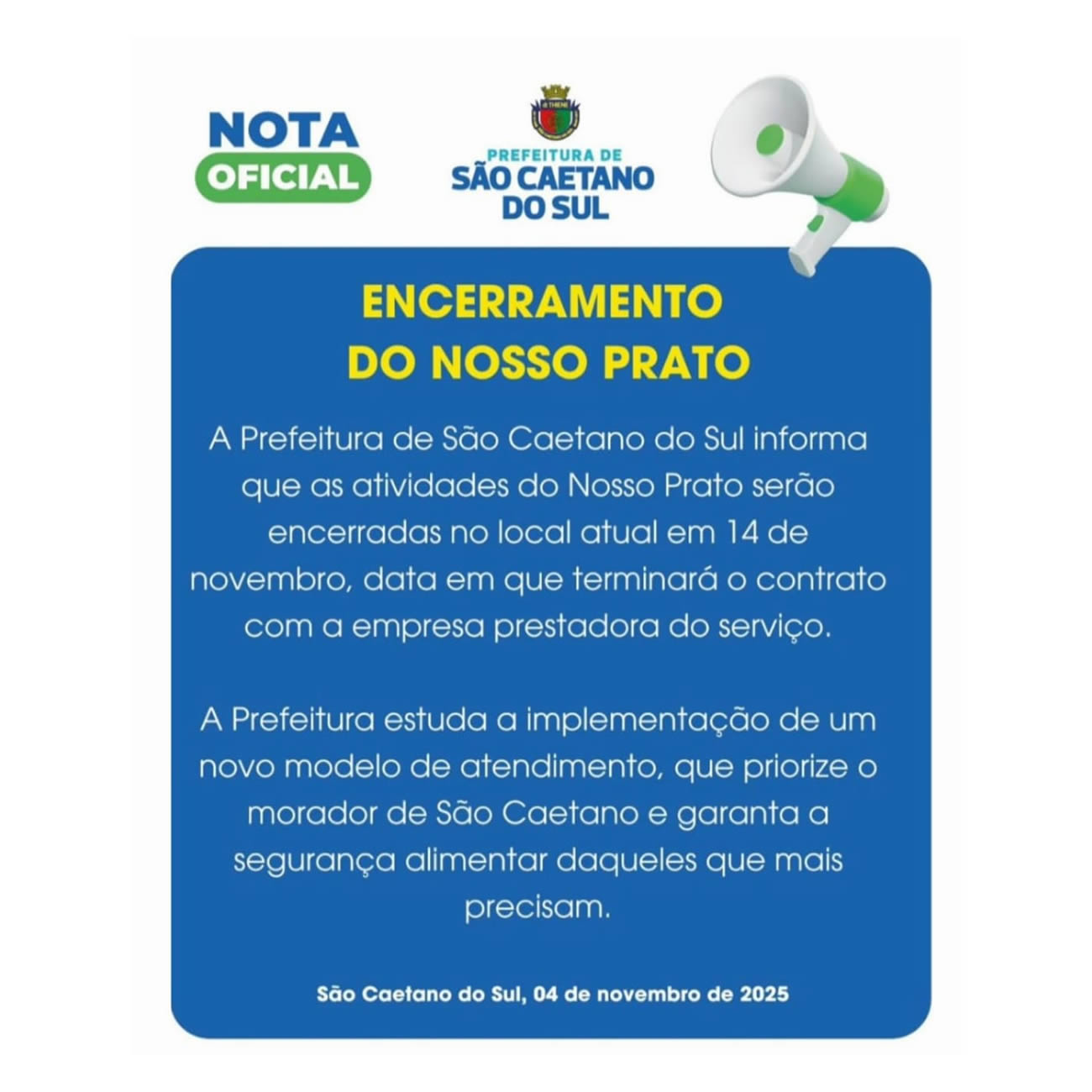 Comunicado: São Caetano do Sul interrompe Nosso Prato.
