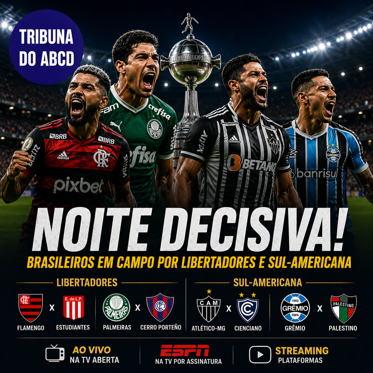 Noite decisiva: brasileiros entram em campo por Libertadores e Sul-Americana