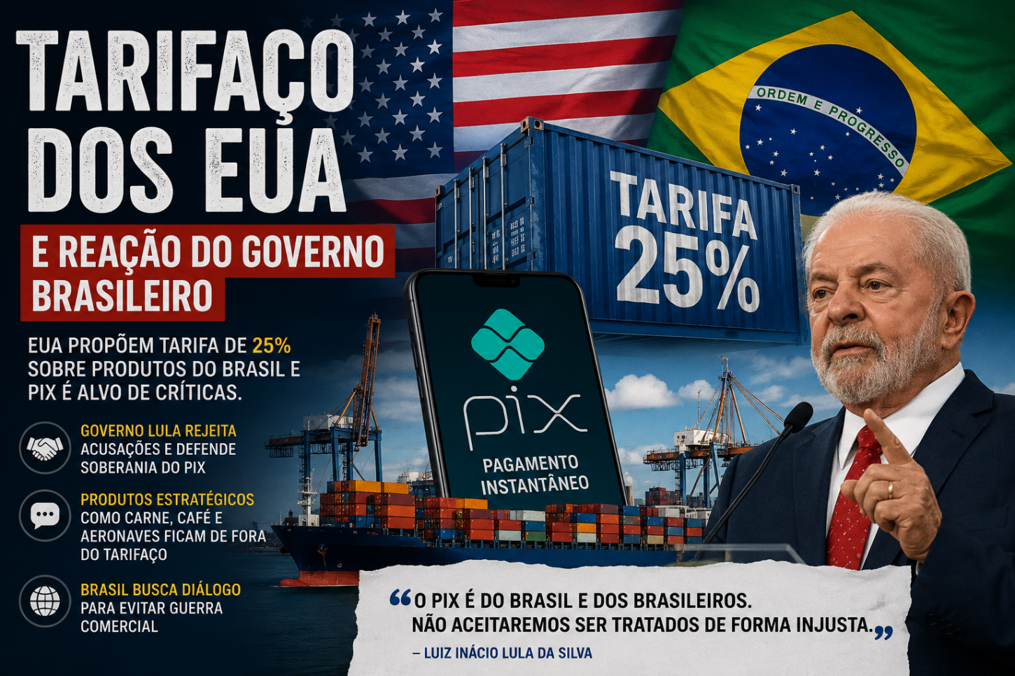 Tarifaço dos EUA amplia tensão comercial e coloca Pix no centro da disputa entre Brasil e Estados Unidos