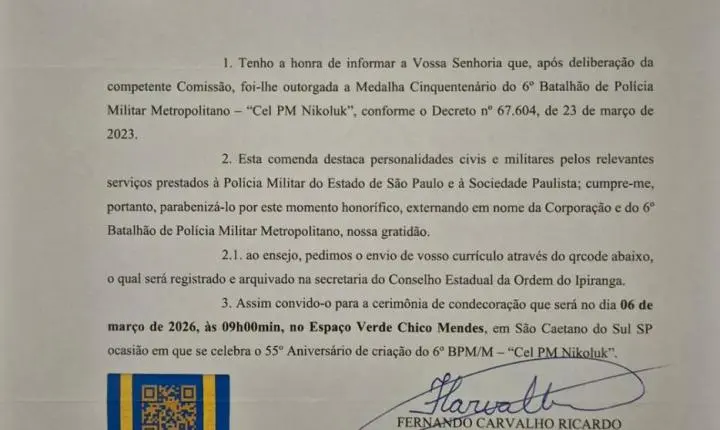 6º BPM/M Celebra 55 Anos com Outorga de Medalhas do Centenário em São Caetano do Sul