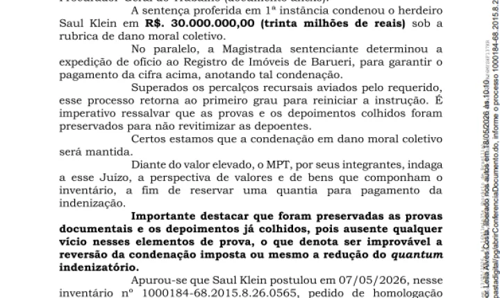 CASO SAUL KLEIN. PROCURADORIA QUER AUMENTAR A INDENIZAÇÃO